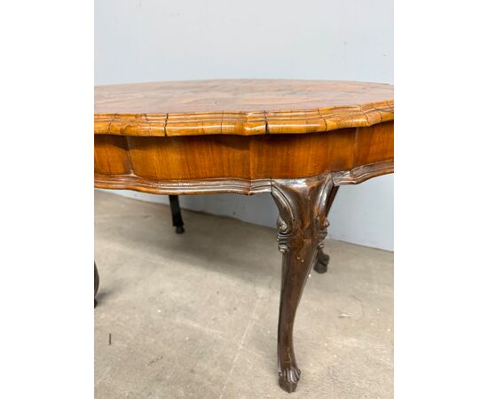 Antique 1940s Baroque style living room/smoking table in walnut and burr walnut, 55x80x50cm