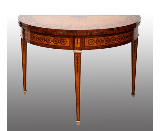 Napoleon III demi-lune game table in precious exotic woods. France, 19th century.