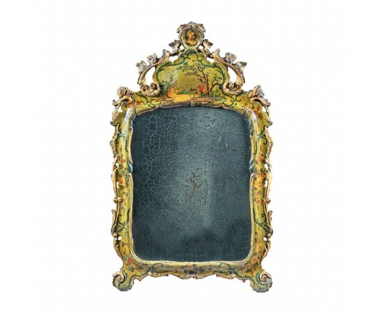 Small mirror in carved, lacquered and painted wood. Venice, 18th century.
