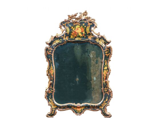 Small carved, lacquered and painted wooden mirror. Venice, 18th century.