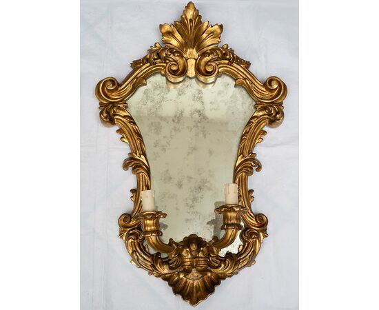 Pair of Louis XV style mirrors/sconces in gilded and carved wood. Venice, 19th century.
