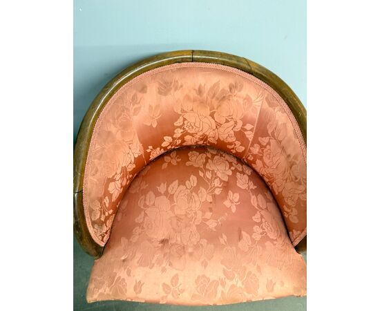 Antique walnut tub armchair, 1940s Art Deco style, silk upholstery, 66x50x50cm