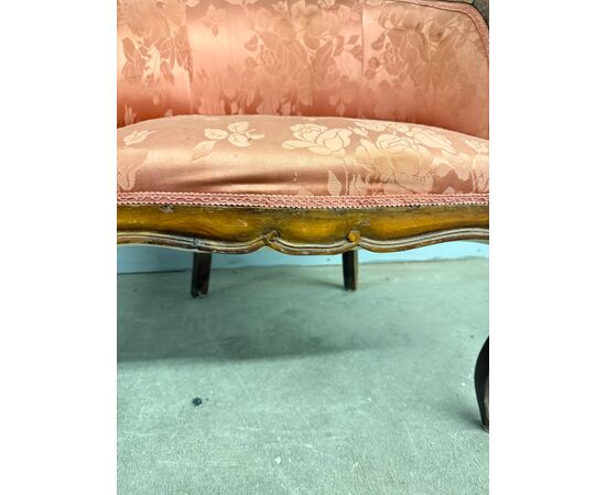 Antique walnut tub armchair, 1940s Art Deco style, silk upholstery, 66x50x50cm