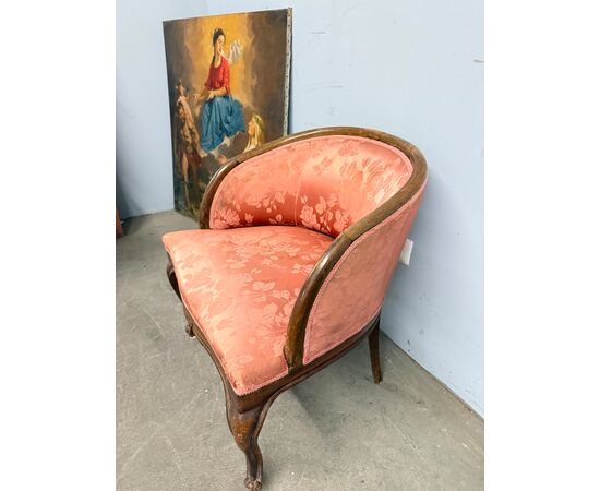 Antique walnut tub armchair, 1940s Art Deco style, silk upholstery, 66x50x50cm