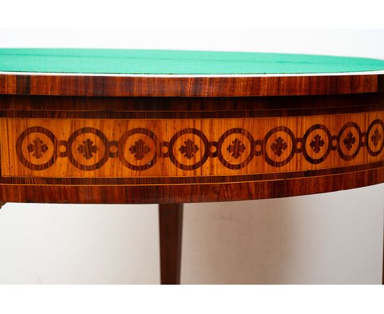 Napoleon III demi-lune game table in precious exotic woods. France, 19th century.