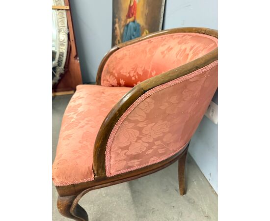 Antique walnut tub armchair, 1940s Art Deco style, silk upholstery, 66x50x50cm