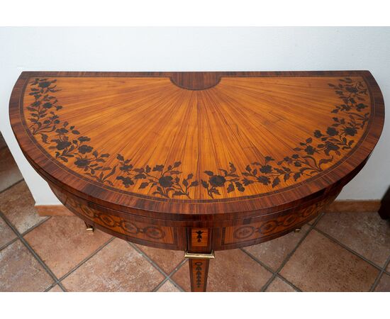 Napoleon III demi-lune game table in precious exotic woods. France, 19th century.