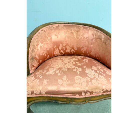 Antique walnut tub armchair, 1940s Art Deco style, silk upholstery, 66x50x50cm