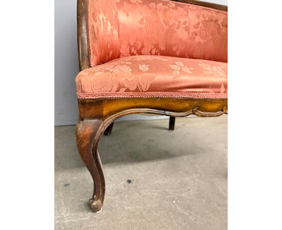 Antique walnut tub armchair, 1940s Art Deco style, silk upholstery, 66x50x50cm