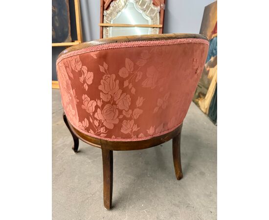 Antique walnut tub armchair, 1940s Art Deco style, silk upholstery, 66x50x50cm