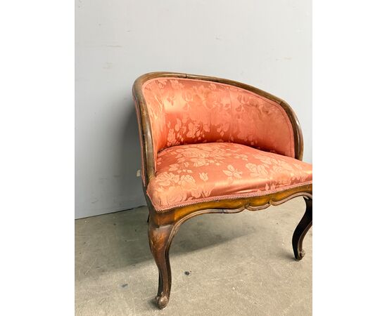 Antique walnut tub armchair, 1940s Art Deco style, silk upholstery, 66x50x50cm