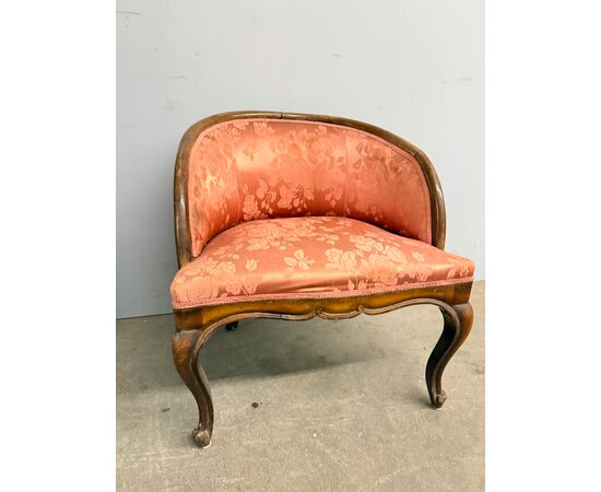 Antique walnut tub armchair, 1940s Art Deco style, silk upholstery, 66x50x50cm