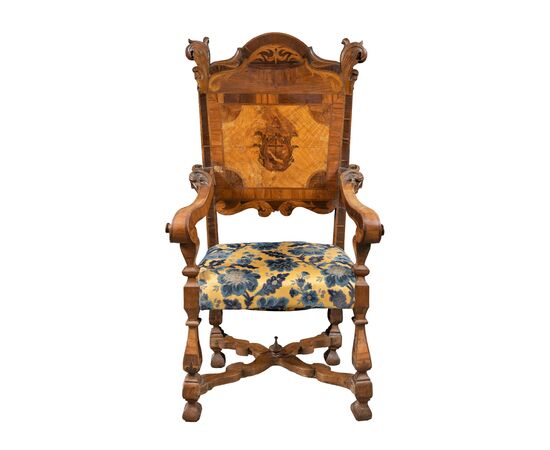Carved, veneered and inlaid wooden armchair. Italy, 17th-18th century.