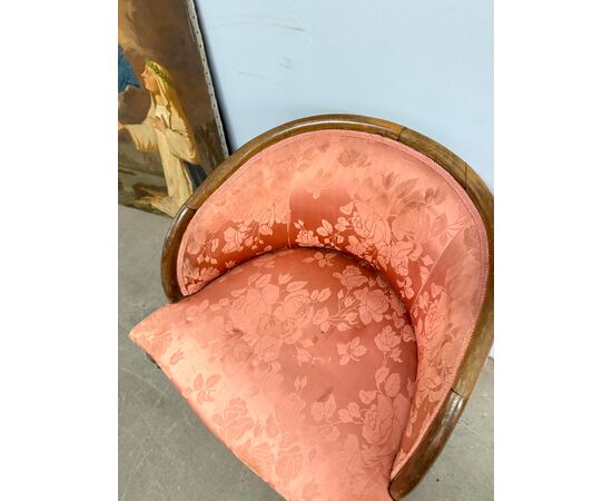 Antica poltroncina a pozzetto in noce 1940 art Decò rivestimento in seta 66xx50x50cm