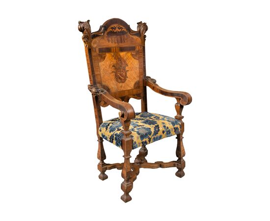 Carved, veneered and inlaid wooden armchair. Italy, 17th-18th century.