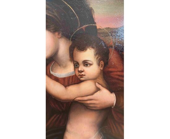 DIPINTO A OLIO SU TAVOLA MADONNA CON GESU’ E GIOVANNI FINE XVI SECOLO