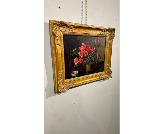 OIL PAINTING ON CANVAS WITH FLOWER VASE 19TH CENTURY