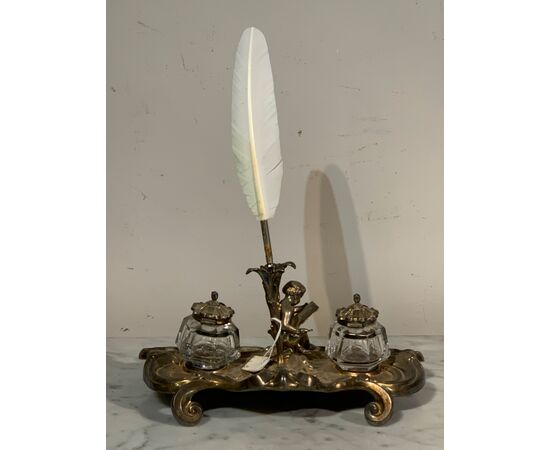 SILVERED BRONZE DESK INKWELL, FIRST HALF OF THE 19TH CENTURY