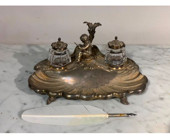SILVERED BRONZE DESK INKWELL, FIRST HALF OF THE 19TH CENTURY