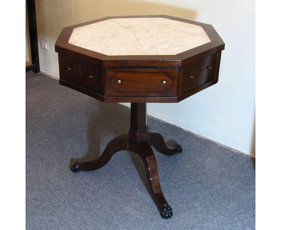 CARLO X OCTAGONAL MAHOGANY AND WHITE MARBLE TABLE