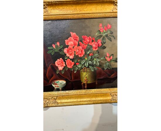 OIL PAINTING ON CANVAS WITH FLOWER VASE 19TH CENTURY