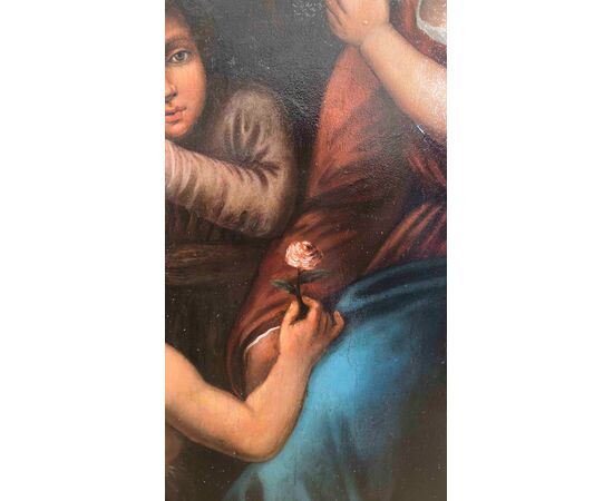 DIPINTO A OLIO SU TAVOLA MADONNA CON GESU’ E GIOVANNI FINE XVI SECOLO
