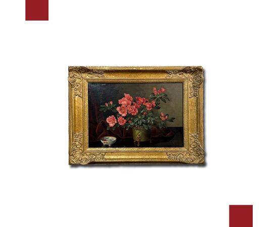 OIL PAINTING ON CANVAS WITH FLOWER VASE 19TH CENTURY