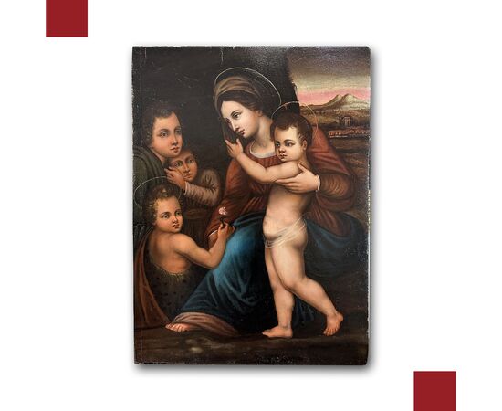 DIPINTO A OLIO SU TAVOLA MADONNA CON GESU’ E GIOVANNI FINE XVI SECOLO