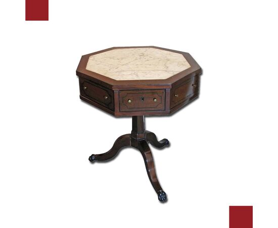 CARLO X OCTAGONAL MAHOGANY AND WHITE MARBLE TABLE