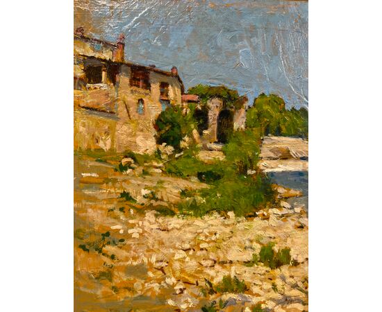 'ON THE ARNO IN ROVEZZANO', OIL ON PANEL, 20TH CENTURY