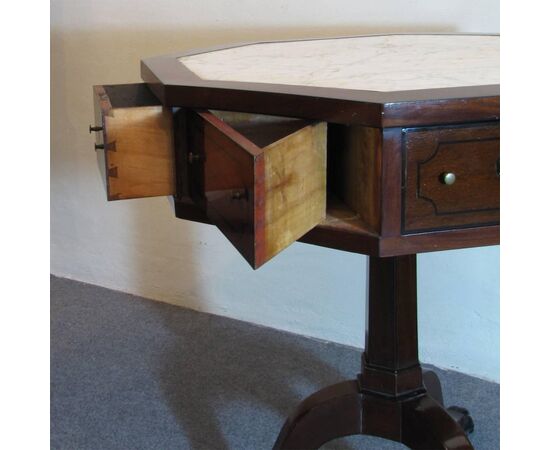 CARLO X OCTAGONAL MAHOGANY AND WHITE MARBLE TABLE