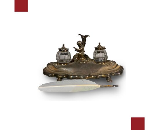 SILVERED BRONZE DESK INKWELL, FIRST HALF OF THE 19TH CENTURY