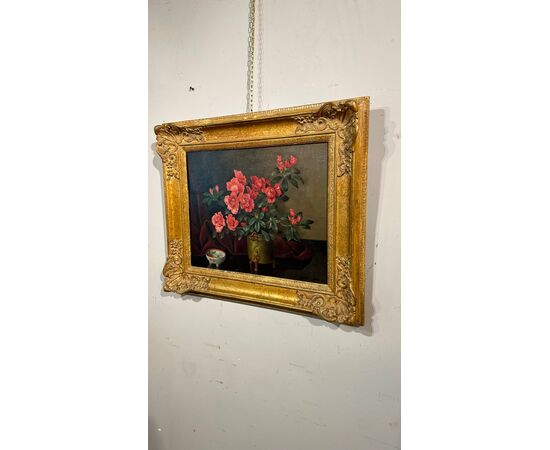OIL PAINTING ON CANVAS WITH FLOWER VASE 19TH CENTURY