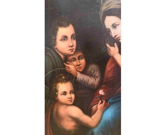 DIPINTO A OLIO SU TAVOLA MADONNA CON GESU’ E GIOVANNI FINE XVI SECOLO