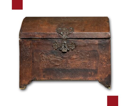 17th century leather candle holder chest