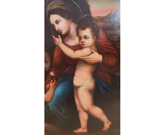 DIPINTO A OLIO SU TAVOLA MADONNA CON GESU’ E GIOVANNI FINE XVI SECOLO