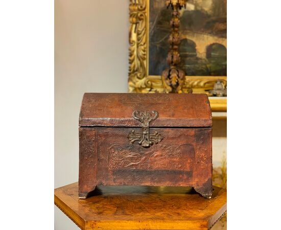 17th century leather candle holder chest