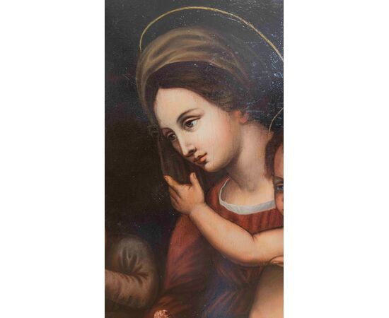 DIPINTO A OLIO SU TAVOLA MADONNA CON GESU’ E GIOVANNI FINE XVI SECOLO