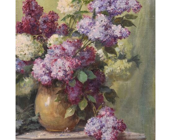 ANTIQUE FLOWER PAINTINGS, LILAC VASE, STILL LIFE, OIL ON CANVAS, ART NOUVEAU, EARLY 20TH CENTURY. (QF698)