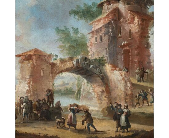 Pittore italiano (XVIII sec.) - Paesaggio con rovine e personaggi.