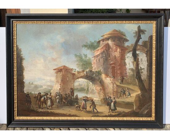 Pittore italiano (XVIII sec.) - Paesaggio con rovine e personaggi.