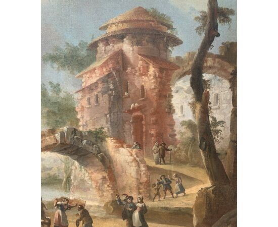Pittore italiano (XVIII sec.) - Paesaggio con rovine e personaggi.