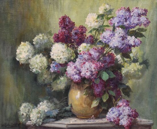 ANTIQUE FLOWER PAINTINGS, LILAC VASE, STILL LIFE, OIL ON CANVAS, ART NOUVEAU, EARLY 20TH CENTURY. (QF698)