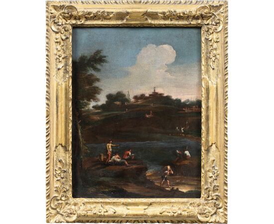 Pittore veneziano (XVIII sec.) - Paesaggio fluviale con personaggi.