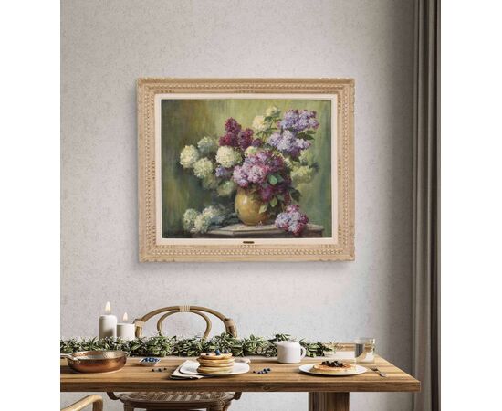 ANTIQUE FLOWER PAINTINGS, LILAC VASE, STILL LIFE, OIL ON CANVAS, ART NOUVEAU, EARLY 20TH CENTURY. (QF698)