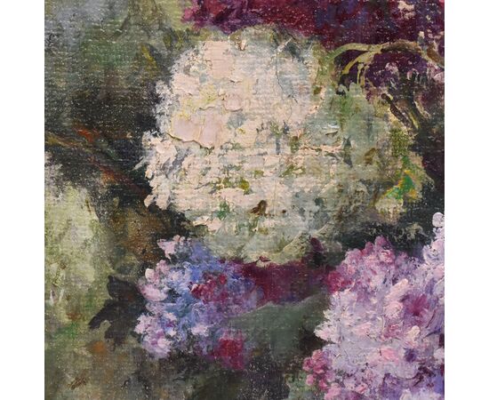 ANTIQUE FLOWER PAINTINGS, LILAC VASE, STILL LIFE, OIL ON CANVAS, ART NOUVEAU, EARLY 20TH CENTURY. (QF698)