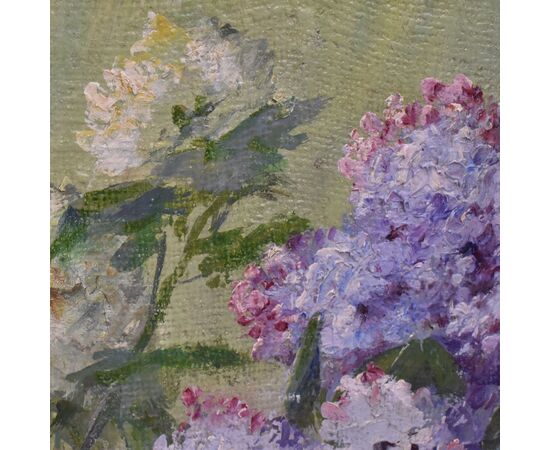 ANTIQUE FLOWER PAINTINGS, LILAC VASE, STILL LIFE, OIL ON CANVAS, ART NOUVEAU, EARLY 20TH CENTURY. (QF698)