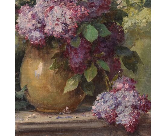 ANTIQUE FLOWER PAINTINGS, LILAC VASE, STILL LIFE, OIL ON CANVAS, ART NOUVEAU, EARLY 20TH CENTURY. (QF698)