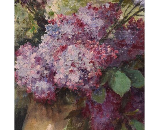 ANTIQUE FLOWER PAINTINGS, LILAC VASE, STILL LIFE, OIL ON CANVAS, ART NOUVEAU, EARLY 20TH CENTURY. (QF698)