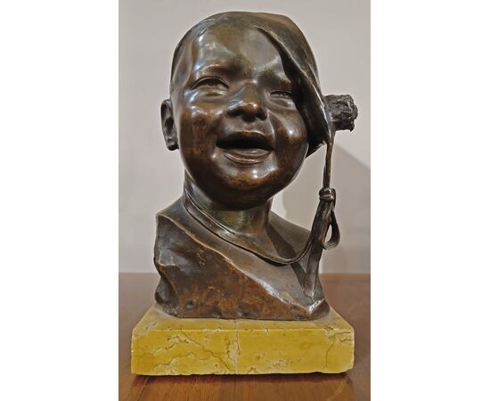 SMALL BRONZE STATUE OF CHILD WITH CAP BY P. PIRAINO EARLY 20TH CENTURY